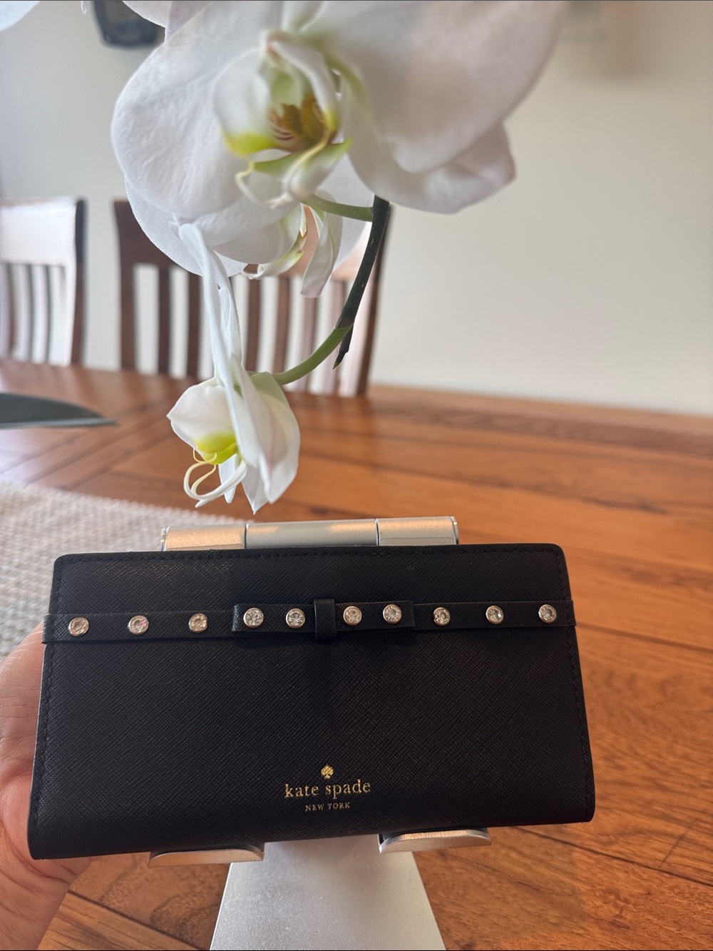 Kate Spade ♠️ black wallet with crystal-studded bow trim